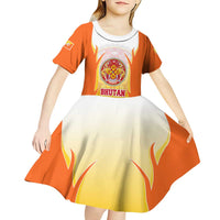 Bhutan Mandala Emblem Kid Short Sleeve Dress with Monastic Orange and Spiritual Harmony