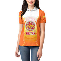 Bhutan Mandala Emblem Women Polo Shirt with Monastic Orange and Spiritual Harmony