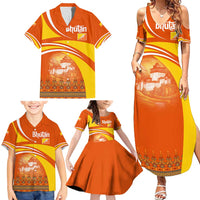 Bhutan Heritage Family Matching Summer Maxi Dress and Hawaiian Shirt with Paro Monastery and Druk Dragon