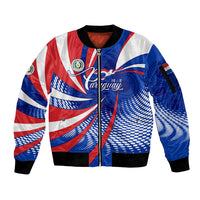 Paraguay Flag Day Sleeve Zip Bomber Jacket Patriotic Sunburst Traditional Ñandutí Lace