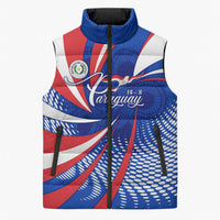 Paraguay Flag Day Sleeveless Puffer Jacket Patriotic Sunburst Traditional Ñandutí Lace