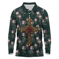 Rosicrucian Order Rose Cross Long Sleeve Polo Shirt Gothic Baroque Crucifix Vintage Floral