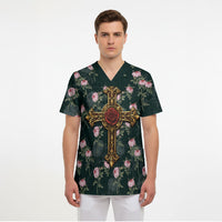 Rosicrucian Order Rose Cross Scrub Top Gothic Baroque Crucifix Vintage Floral