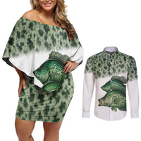 Crappie Tournament Fishing Customize Name Couples Matching Off Shoulder Short Dress and Long Sleeve Button Shirt Camo Fade and Custom Name Design - Wonder Print Shop