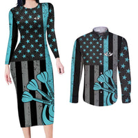 Custom Turquoise US Patriotic Darts Couples Matching Long Sleeve Bodycon Dress and Long Sleeve Button Shirt Blue American Flag Pattern - Grunge Paint Splatter - Wonder Print Shop