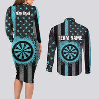 Custom Turquoise US Patriotic Darts Couples Matching Long Sleeve Bodycon Dress and Long Sleeve Button Shirt Blue American Flag Pattern - Grunge Paint Splatter - Wonder Print Shop