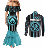 Custom Turquoise US Patriotic Darts Couples Matching Mermaid Dress and Long Sleeve Button Shirt Blue American Flag Pattern - Grunge Paint Splatter - Wonder Print Shop