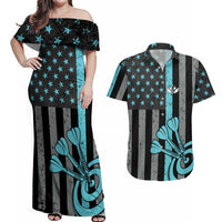 Custom Turquoise US Patriotic Darts Couples Matching Off Shoulder Maxi Dress and Hawaiian Shirt Blue American Flag Pattern - Grunge Paint Splatter - Wonder Print Shop