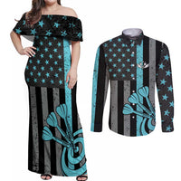 Custom Turquoise US Patriotic Darts Couples Matching Off Shoulder Maxi Dress and Long Sleeve Button Shirt Blue American Flag Pattern - Grunge Paint Splatter - Wonder Print Shop