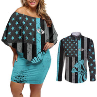 Custom Turquoise US Patriotic Darts Couples Matching Off Shoulder Short Dress and Long Sleeve Button Shirt Blue American Flag Pattern - Grunge Paint Splatter - Wonder Print Shop