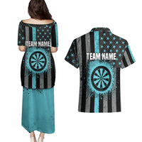 Custom Turquoise US Patriotic Darts Couples Matching Puletasi and Hawaiian Shirt Blue American Flag Pattern - Grunge Paint Splatter - Wonder Print Shop