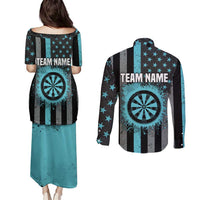 Custom Turquoise US Patriotic Darts Couples Matching Puletasi and Long Sleeve Button Shirt Blue American Flag Pattern - Grunge Paint Splatter - Wonder Print Shop