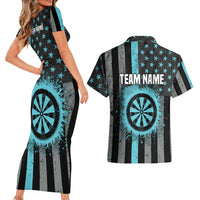 Custom Turquoise US Patriotic Darts Couples Matching Short Sleeve Bodycon Dress and Hawaiian Shirt Blue American Flag Pattern - Grunge Paint Splatter - Wonder Print Shop
