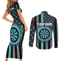 Custom Turquoise US Patriotic Darts Couples Matching Short Sleeve Bodycon Dress and Long Sleeve Button Shirt Blue American Flag Pattern - Grunge Paint Splatter - Wonder Print Shop