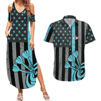 Custom Turquoise US Patriotic Darts Couples Matching Summer Maxi Dress and Hawaiian Shirt Blue American Flag Pattern - Grunge Paint Splatter - Wonder Print Shop