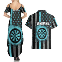 Custom Turquoise US Patriotic Darts Couples Matching Summer Maxi Dress and Hawaiian Shirt Blue American Flag Pattern - Grunge Paint Splatter - Wonder Print Shop