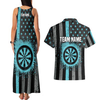 Custom Turquoise US Patriotic Darts Couples Matching Tank Maxi Dress and Hawaiian Shirt Blue American Flag Pattern - Grunge Paint Splatter - Wonder Print Shop