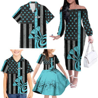 Custom Turquoise US Patriotic Darts Family Matching Off The Shoulder Long Sleeve Dress and Hawaiian Shirt Blue American Flag Pattern - Grunge Paint Splatter - Wonder Print Shop