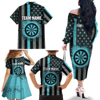 Custom Turquoise US Patriotic Darts Family Matching Off The Shoulder Long Sleeve Dress and Hawaiian Shirt Blue American Flag Pattern - Grunge Paint Splatter - Wonder Print Shop