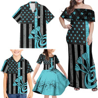 Custom Turquoise US Patriotic Darts Family Matching Off Shoulder Maxi Dress and Hawaiian Shirt Blue American Flag Pattern - Grunge Paint Splatter - Wonder Print Shop