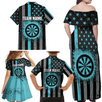 Custom Turquoise US Patriotic Darts Family Matching Off Shoulder Maxi Dress and Hawaiian Shirt Blue American Flag Pattern - Grunge Paint Splatter - Wonder Print Shop
