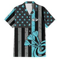 Custom Turquoise US Patriotic Darts Family Matching Off Shoulder Short Dress and Hawaiian Shirt Blue American Flag Pattern - Grunge Paint Splatter - Wonder Print Shop