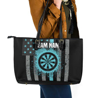 Custom Turquoise US Patriotic Darts Leather Tote Bag Blue American Flag Pattern - Grunge Paint Splatter - Wonder Print Shop