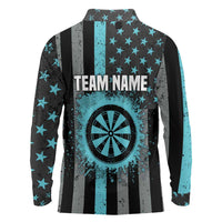 Custom Turquoise US Patriotic Darts Long Sleeve Polo Shirt Blue American Flag Pattern - Grunge Paint Splatter - Wonder Print Shop