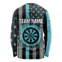 Custom Turquoise US Patriotic Darts Long Sleeve Shirt Blue American Flag Pattern - Grunge Paint Splatter - Wonder Print Shop