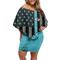 Custom Turquoise US Patriotic Darts Off Shoulder Short Dress Blue American Flag Pattern - Grunge Paint Splatter - Wonder Print Shop