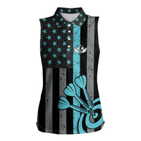 Custom Turquoise US Patriotic Darts Women Sleeveless Polo Shirt Blue American Flag Pattern - Grunge Paint Splatter - Wonder Print Shop