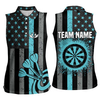 Custom Turquoise US Patriotic Darts Women Sleeveless Polo Shirt Blue American Flag Pattern - Grunge Paint Splatter - Wonder Print Shop