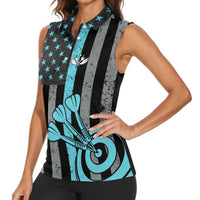 Custom Turquoise US Patriotic Darts Women Sleeveless Polo Shirt Blue American Flag Pattern - Grunge Paint Splatter - Wonder Print Shop