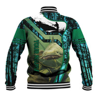 Flathead Catfish Custom Name Baseball Jacket Forest Silhouette and Green Blue Love Fishing Design - Wonder Print Shop