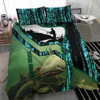 Flathead Catfish Custom Name Bedding Set Forest Silhouette and Green Blue Love Fishing Design - Wonder Print Shop