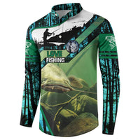 Flathead Catfish Custom Name Button Sweatshirt Forest Silhouette and Green Blue Love Fishing Design - Wonder Print Shop