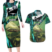 Flathead Catfish Custom Name Couples Matching Long Sleeve Bodycon Dress and Hawaiian Shirt Forest Silhouette and Green Blue Love Fishing Design - Wonder Print Shop