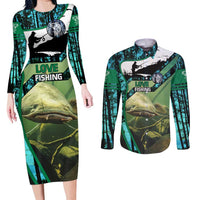 Flathead Catfish Custom Name Couples Matching Long Sleeve Bodycon Dress and Long Sleeve Button Shirt Forest Silhouette and Green Blue Love Fishing Design - Wonder Print Shop