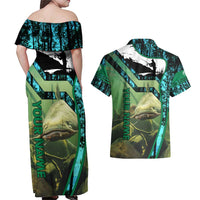 Flathead Catfish Custom Name Couples Matching Off Shoulder Maxi Dress and Hawaiian Shirt Forest Silhouette and Green Blue Love Fishing Design - Wonder Print Shop