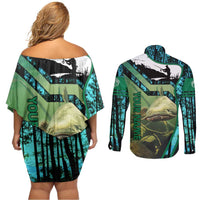 Flathead Catfish Custom Name Couples Matching Off Shoulder Short Dress and Long Sleeve Button Shirt Forest Silhouette and Green Blue Love Fishing Design - Wonder Print Shop