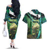 Flathead Catfish Custom Name Couples Matching Off The Shoulder Long Sleeve Dress and Hawaiian Shirt Forest Silhouette and Green Blue Love Fishing Design - Wonder Print Shop