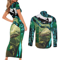 Flathead Catfish Custom Name Couples Matching Short Sleeve Bodycon Dress and Long Sleeve Button Shirt Forest Silhouette and Green Blue Love Fishing Design - Wonder Print Shop