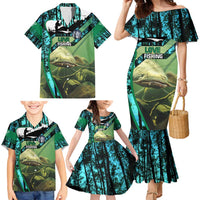 Flathead Catfish Custom Name Family Matching Mermaid Dress and Hawaiian Shirt Forest Silhouette and Green Blue Love Fishing Design - Wonder Print Shop