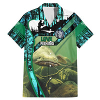 Flathead Catfish Custom Name Family Matching Mermaid Dress and Hawaiian Shirt Forest Silhouette and Green Blue Love Fishing Design - Wonder Print Shop