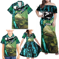 Flathead Catfish Custom Name Family Matching Off Shoulder Maxi Dress and Hawaiian Shirt Forest Silhouette and Green Blue Love Fishing Design - Wonder Print Shop