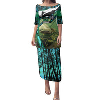 Flathead Catfish Custom Name Family Matching Puletasi and Hawaiian Shirt Forest Silhouette and Green Blue Love Fishing Design - Wonder Print Shop