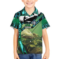 Flathead Catfish Custom Name Family Matching Puletasi and Hawaiian Shirt Forest Silhouette and Green Blue Love Fishing Design - Wonder Print Shop