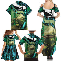 Flathead Catfish Custom Name Family Matching Summer Maxi Dress and Hawaiian Shirt Forest Silhouette and Green Blue Love Fishing Design - Wonder Print Shop