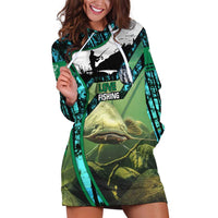 Flathead Catfish Custom Name Hoodie Dress Forest Silhouette and Green Blue Love Fishing Design - Wonder Print Shop