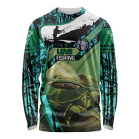 Flathead Catfish Custom Name Long Sleeve Shirt Forest Silhouette and Green Blue Love Fishing Design - Wonder Print Shop
